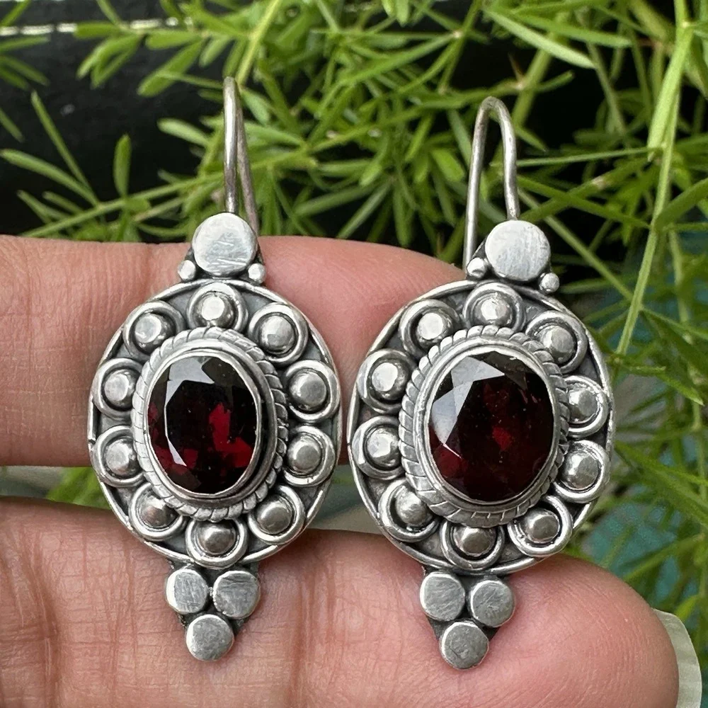 VTG Drop Earrings 1.625‎ Inch Red Garnet Oval Rope Flat Bead 925 Sterling 11.8g